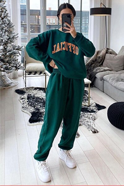 DUBU BUTİK Επίσημο σετ αθλητικής φόρμας Jogger - Πράσινη στάμπα Oversize Crew Neck