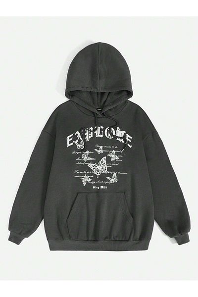DUBU BUTİK Explore Butterfly Sweatshirt - Black Printed Oversize Hoodie