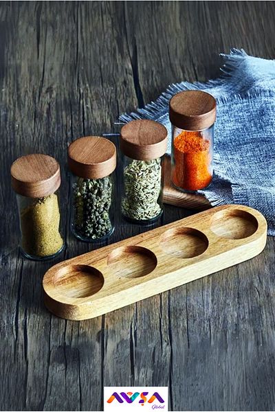 AVŞA Global 4-Piece Acacia Stand and Glass Spice Rack with Lid