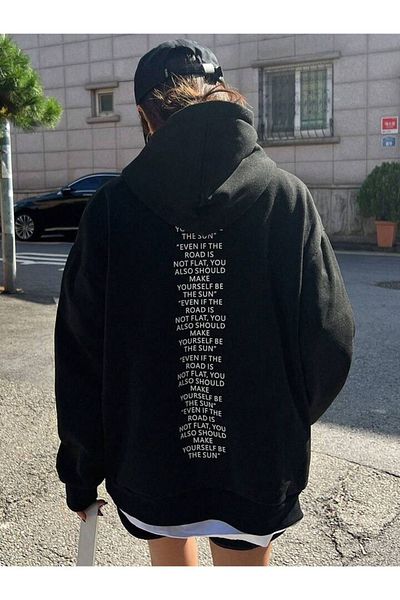 DUBU BUTİK Black Oversize Road Note Flat Sweatshirt - Printed Thick Winter Hoodie