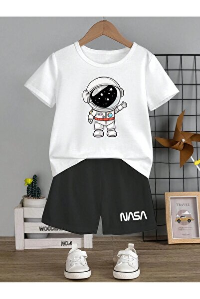 DUBU BUTİK Nasa Pamuk Çocuk Takım - Siyah Şort Beyaz T-shirt Baskı Kız Erkek Çocuk Yazlık Bisiklet Yaka