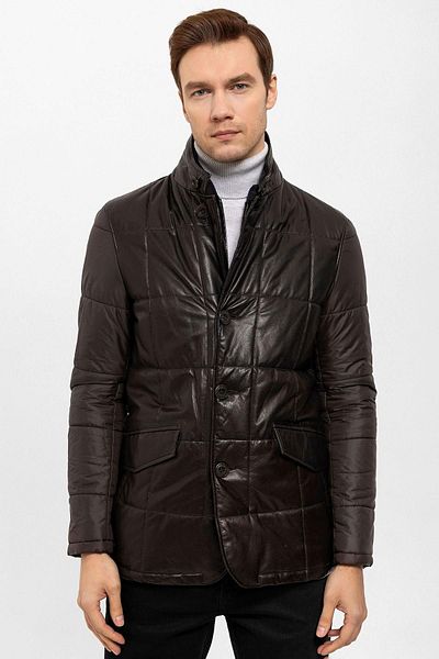 Deriderim Brown Caldo Quilted Zippered Genuine Men's Leather Coat