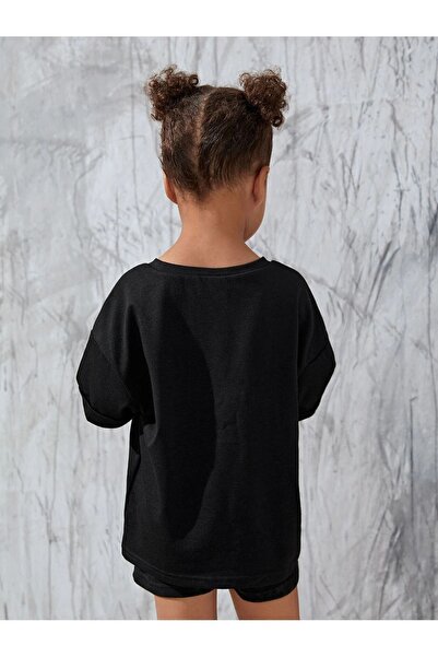 DUBU BUTİK Los Angeles Printed Children's Black Shorts and T-shirt Set - Boys and Girls' Summer Set