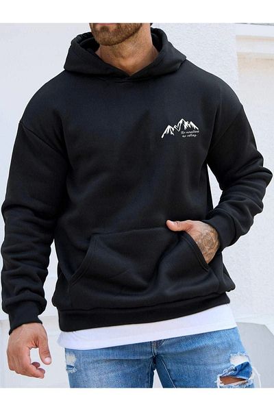 DUBU BUTİK Mountain Logo Sweatshirt - Black Printed Oversize Hoodie