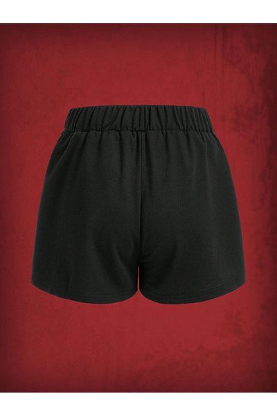 DUBU BUTİK Cross Pattern Combed Cotton Shorts - Black Printed Short Without Cord