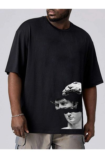 VBSVİBES Men's Black Oversized Sculpture Printed Knitted T-shirt