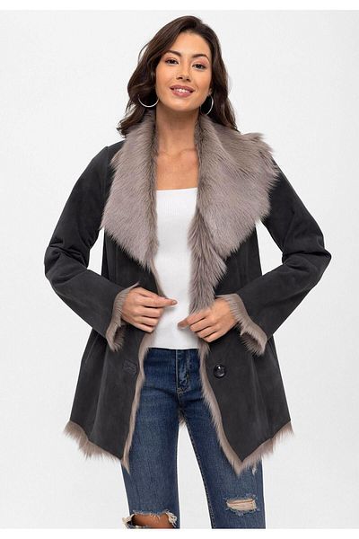Deriderim Gray Alaina Buttoned Loose Cut Lightweight Women's Genuine Fur Coat