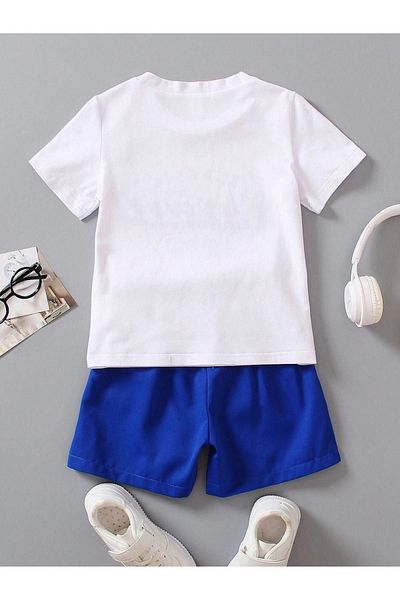 DUBU BUTİK Heart Cotton Kids Set - White T-shirt, Saks Blue Shorts, Printed Girls Boys Summer Crew Neck