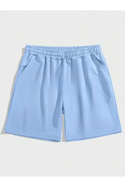 DUBU BUTİK Μονόχρωμο χτενισμένο βαμβακερό σορτς - Baby Blue Unprinted Short χωρίς κορδόνι