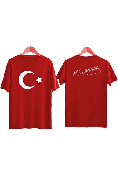 CLAYES Turkish Flag Ataturk Signed Children's T-Shirt - Red Front and Back Printed Girls' Boys' T-Shirt