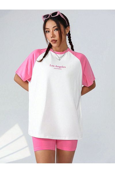 DUBU BUTİK Los Angeles Segmented Single Jersey T-Shirt - Pink White Printed Oversize Crew Neck Short Sleeve T-Shirt