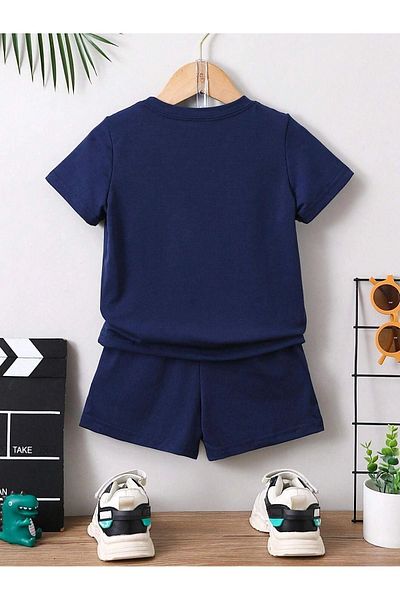 DUBU BUTİK Losangeles Cityofangels Printed Children's Summer Set - Navy Blue Shorts and T-shirt, Crew Neck