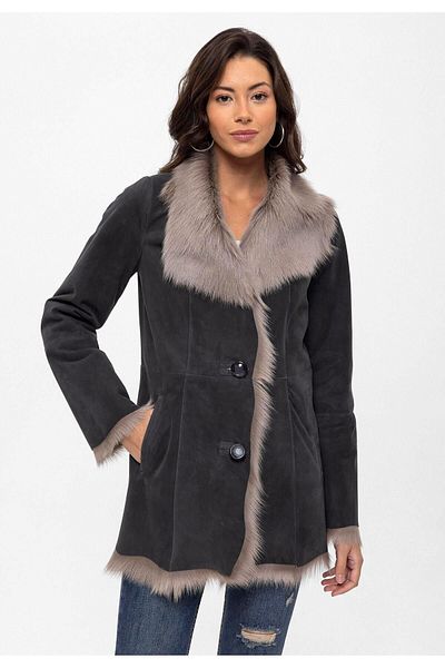 Deriderim Gray Alaina Buttoned Loose Cut Lightweight Women's Genuine Fur Coat
