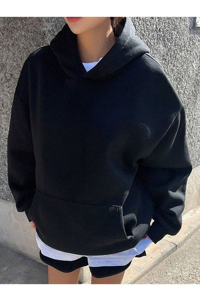 DUBU BUTİK Black Oversize Road Note Flat Sweatshirt - Printed Thick Winter Hoodie