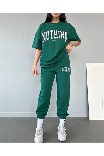 CLAYES Nothing T-shirt Sweatpants Jogger- Πράσινη στάμπα στο κάτω μέρος Κορυφή αθλητική φόρμα Oversize Crew Neck