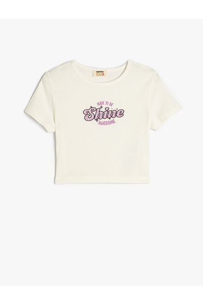 Koton Slogan Printed Crew Neck Cotton Crop T-Shirt