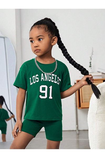 DUBU BUTİK Los Angeles 91 Printed - Nefti Green Children's Shorts and T-shirt Set, Crew Neck
