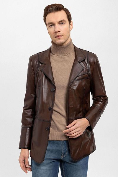 Deriderim Brown Blazer Buttoned Lined Men's Genuine Leather Jacket