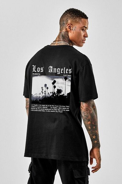 VBSVİBES Men's Black Oversize Los Angeles Printed T-shirt