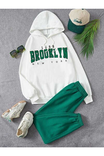 CLAYES Σετ φόρμας Brooklyn 1898 Λευκό φούτερ Green Jogger - Printed Oversize Raster Hooded