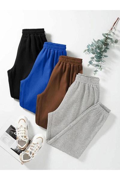 CLAYES 4-Piece Basic Straight Thin Sweatpants Jogger Black Sax Blue Brown Gray Rubber Leg High Waist