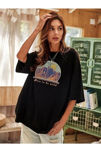 VBSVİBES Tricou negru cu slogan de munte supradimensionat pentru femei