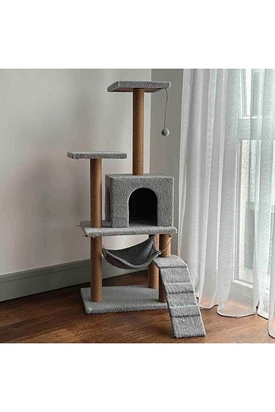 Reyo Gray Pet Scratching Playhouse - Cat House with Luxury Hammock