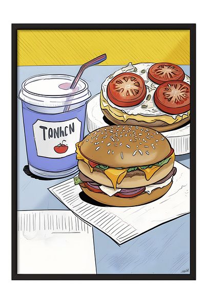 Postifull Pictură cu cadru negru, Burger cu Coca-Cola, Pictură de perete pentru bucătărie din seria Comfort, NR: 109144