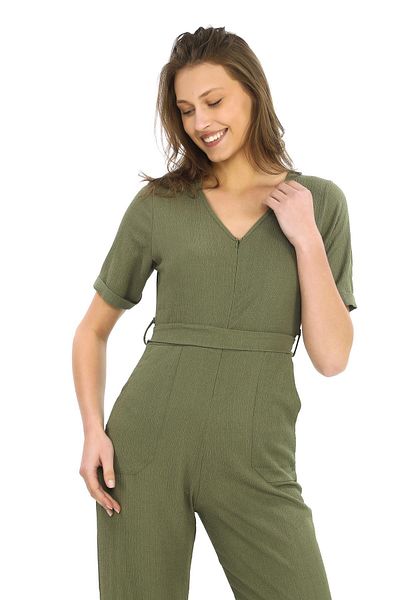 penyebizden Women's Crepe Overalls with Waist Belt and Zipper-Khaki