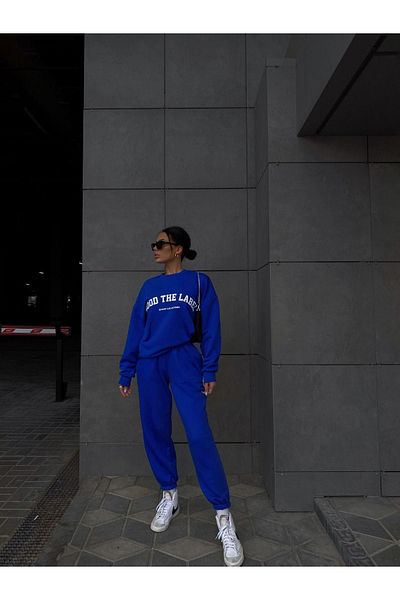 DUBU BUTİK Mood The Label Sport Collection tréningruha szett - Sax Blue Printed Oversize Crew Neck