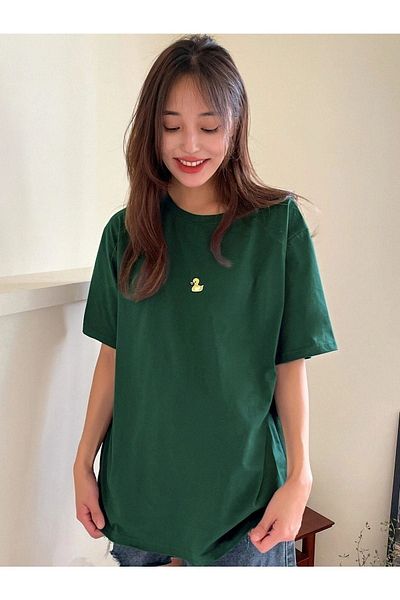 CLAYES Duck Minimal T-shirt - Green Oversize Printed Crew Neck
