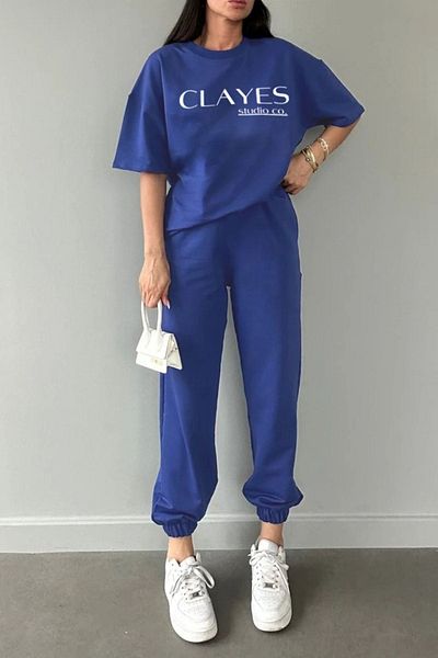 CLAYES Saks BluE T-shirt and SwEatpants Set - Oversize CrEw NEck Studio Co PrintEd