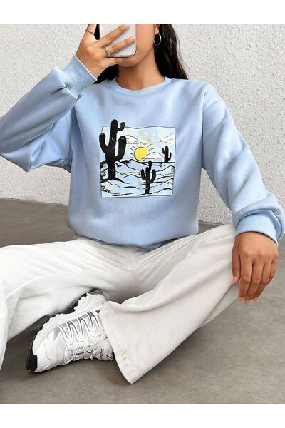 CLAYES Φούτερ Arizona Cactus - Baby Blue Printed Oversize Crew Neck