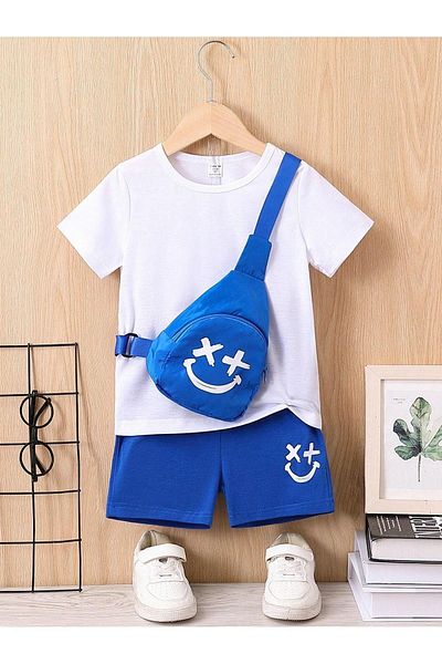 CLAYES Cotton Kids Set - Smiling Face Printed, Saks Blue Shorts and White T-shirt - Crew Neck