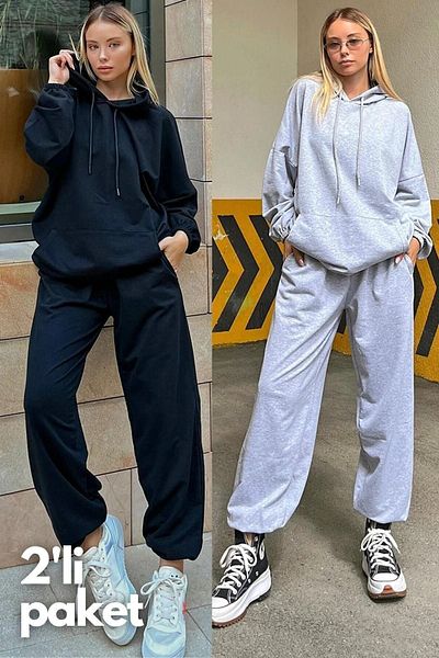 CLAYES Базов обикновен комплект анцуг от 2 части Суитшърт Jogger - Черно сиво Oversize с качулка