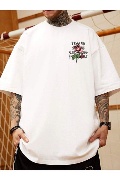 VBSVİBES Unisex Black Oversized Life Rose Printed Knitted T-shirt