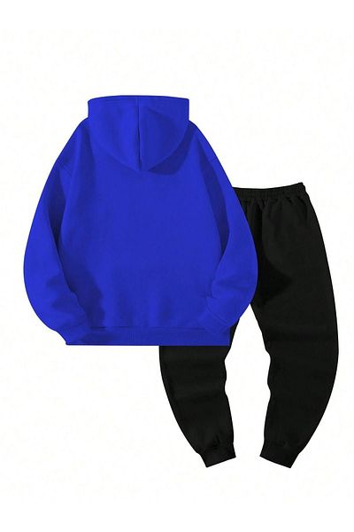 DUBU BUTİK Благословен комплект анцуг Суитшърт Jogger - Sax Blue Black Printed Hooded