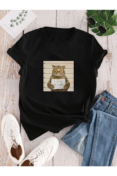 VBSVİBES Women's Black Oversize Cat Printed T-shirt