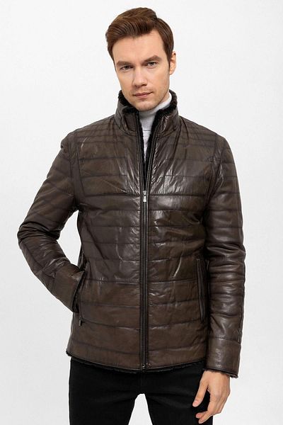 Deriderim Men's - Genuine Leather Coat, Brown, Keene, Wool Inside, Zippered