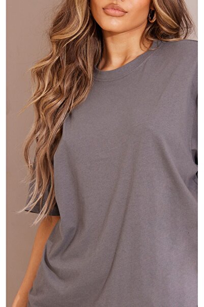 DUBU BUTİK Plain Single Jersey T-Shirt - Smoke Oversize Crew Neck Short Sleeve T-Shirt