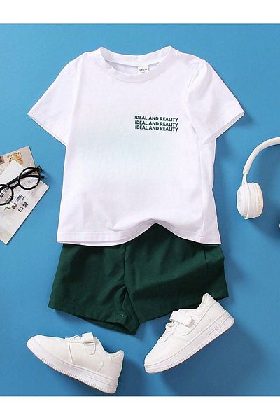 DUBU BUTİK Cotton Children's Summer Set - Nefti Green Shorts and White T-shirt, Crew Neck