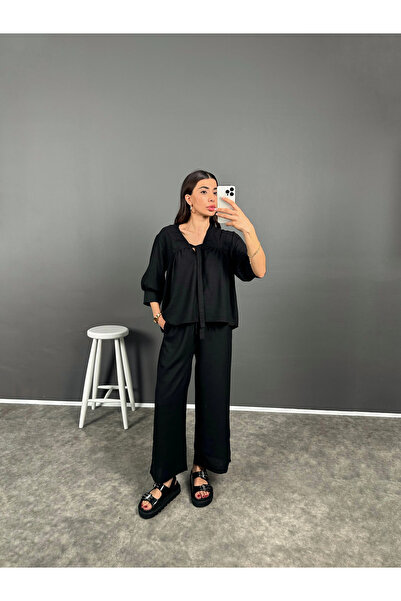 solena sln Γυναικεία Μαύρη Μπλούζα με λεπτομέρεια με κορδόνια Λινό Σετ δύο τε...