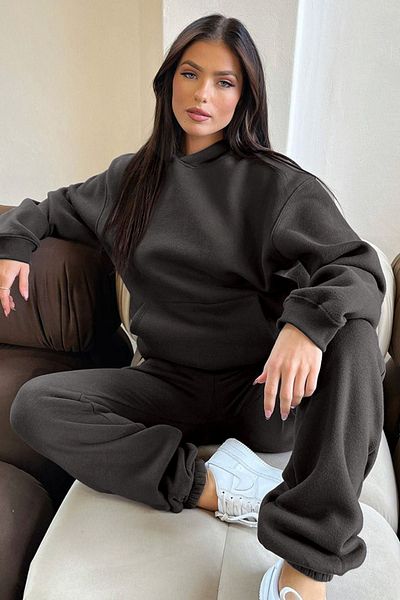 DUBU BUTİK Basic Απλό Σετ Φούτερ Jogger - Anthracite Oversize Raised Hooded