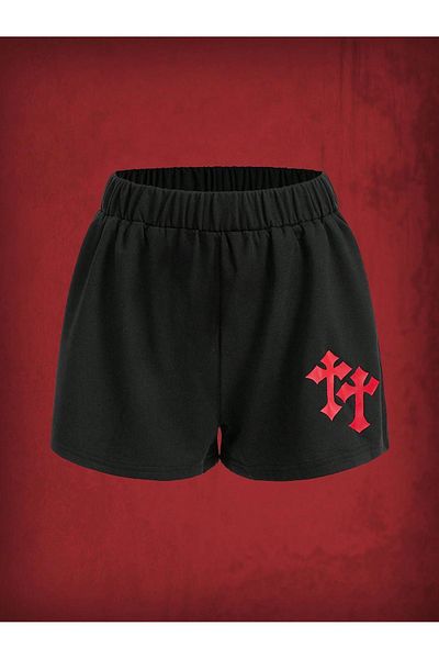 DUBU BUTİK Cross Pattern Combed Cotton Shorts - Black Printed Short Without Cord