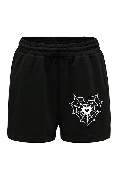 DUBU BUTİK Network Combed Cotton Shorts - Black Printed Short Without Cord
