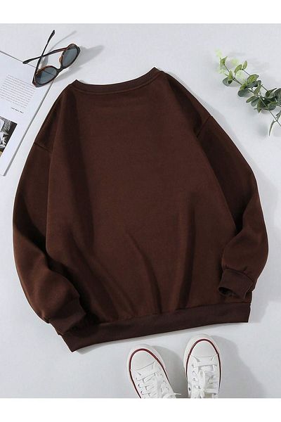 DUBU BUTİK Φούτερ Chicago Usa - Καφέ στάμπα Oversize Crew Neck
