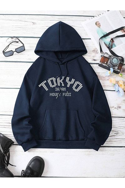 DUBU BUTİK Tokyo Fuji Sweatshirt - Navy Blue Printed Oversize Hoodie