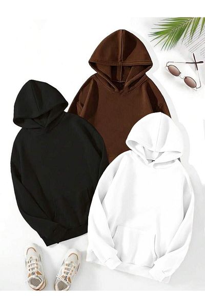 DUBU BUTİK 3-Piece Plain Basic Thick Winter Sweatshirt - Black Brown White Oversize Hood