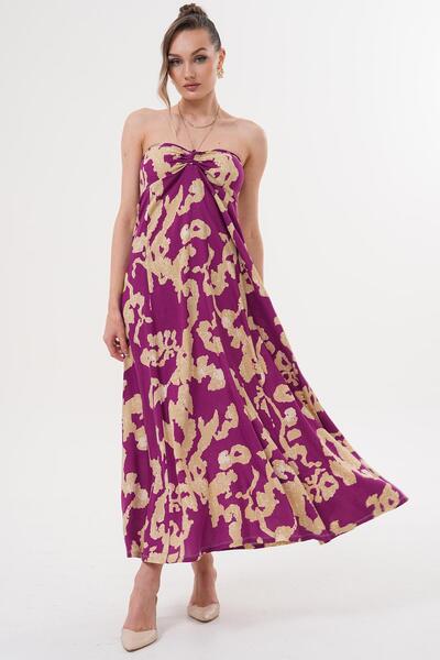 ZEYWEAR Boyundan Bağlama Detaylı Gloplu Uzun Elbise