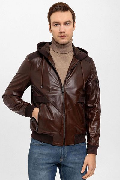 Deriderim Coffee Dexter Hooded Zippered Lined Men's Genuine Leather Coat
